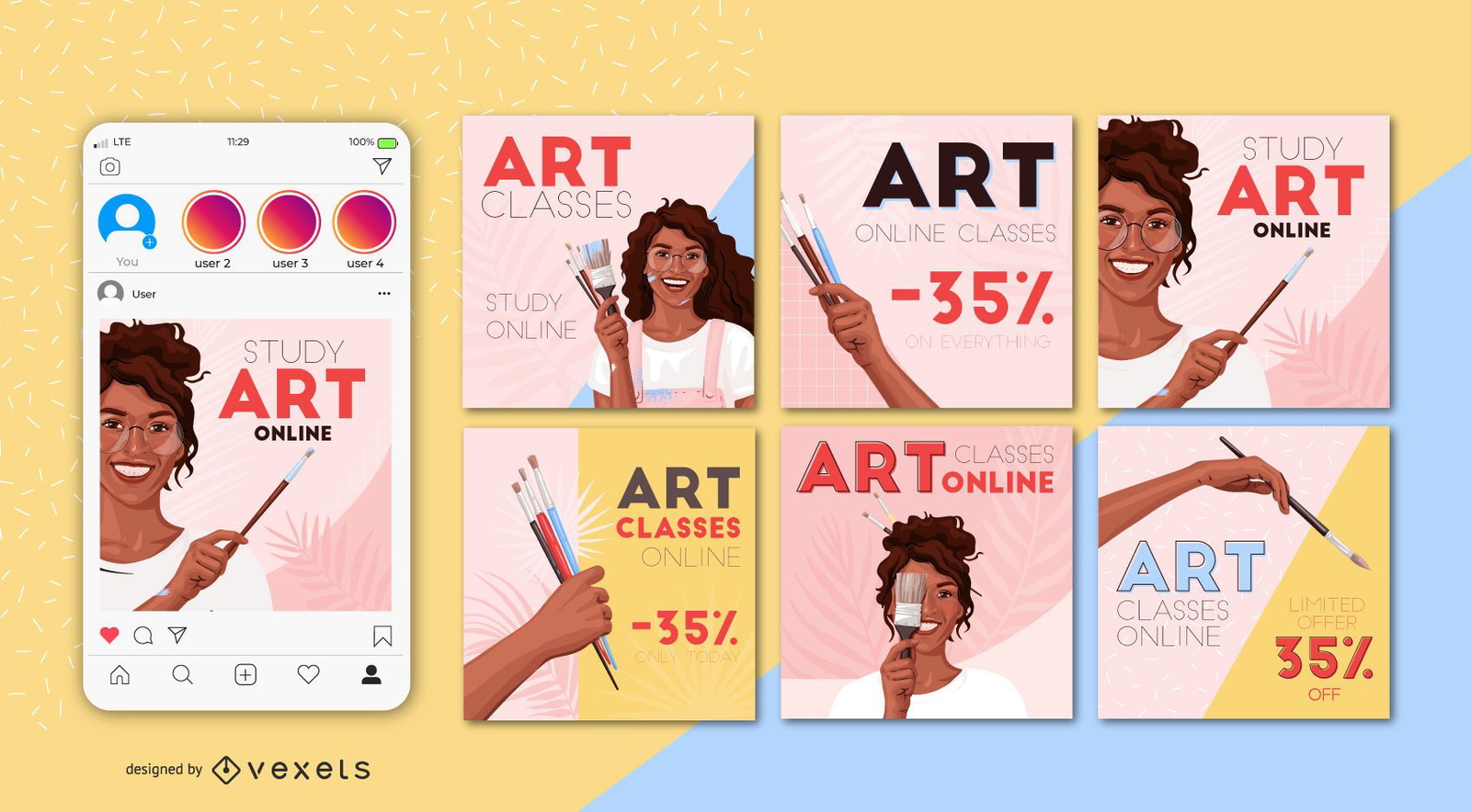 Art Classes Square Banner Design Set