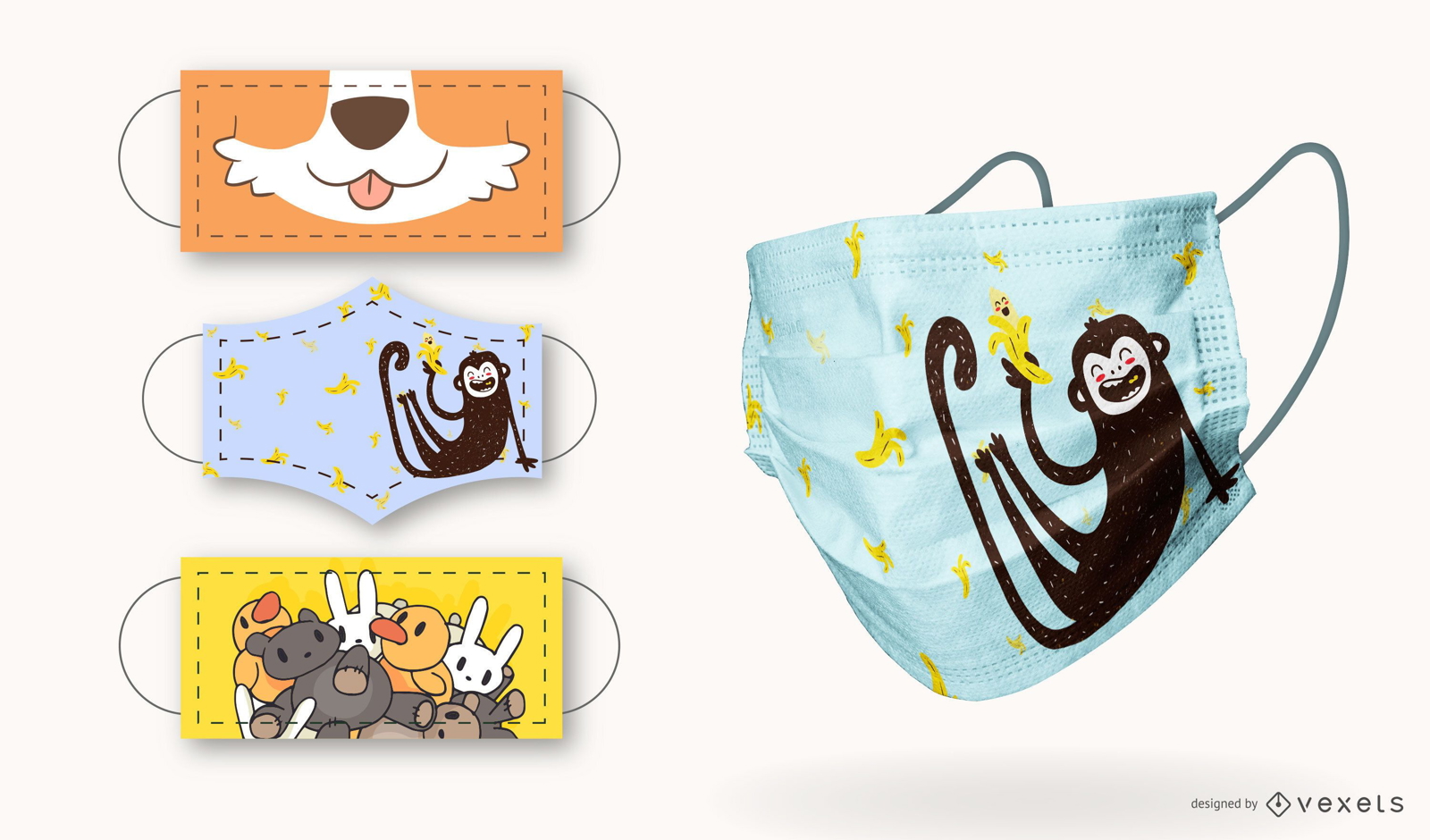 Cute Animals Children Face Mask Design Set