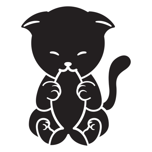Gato bonito comendo peixe preto Desenho PNG