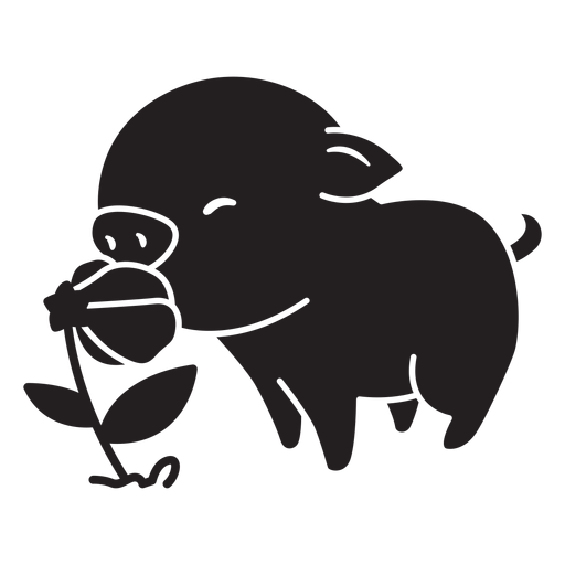 Süßes Schwein mit Blume schwarz PNG-Design