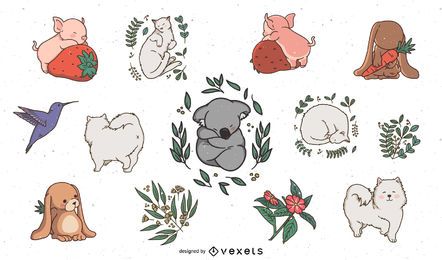 Conjunto fofinho de animais sonolentos