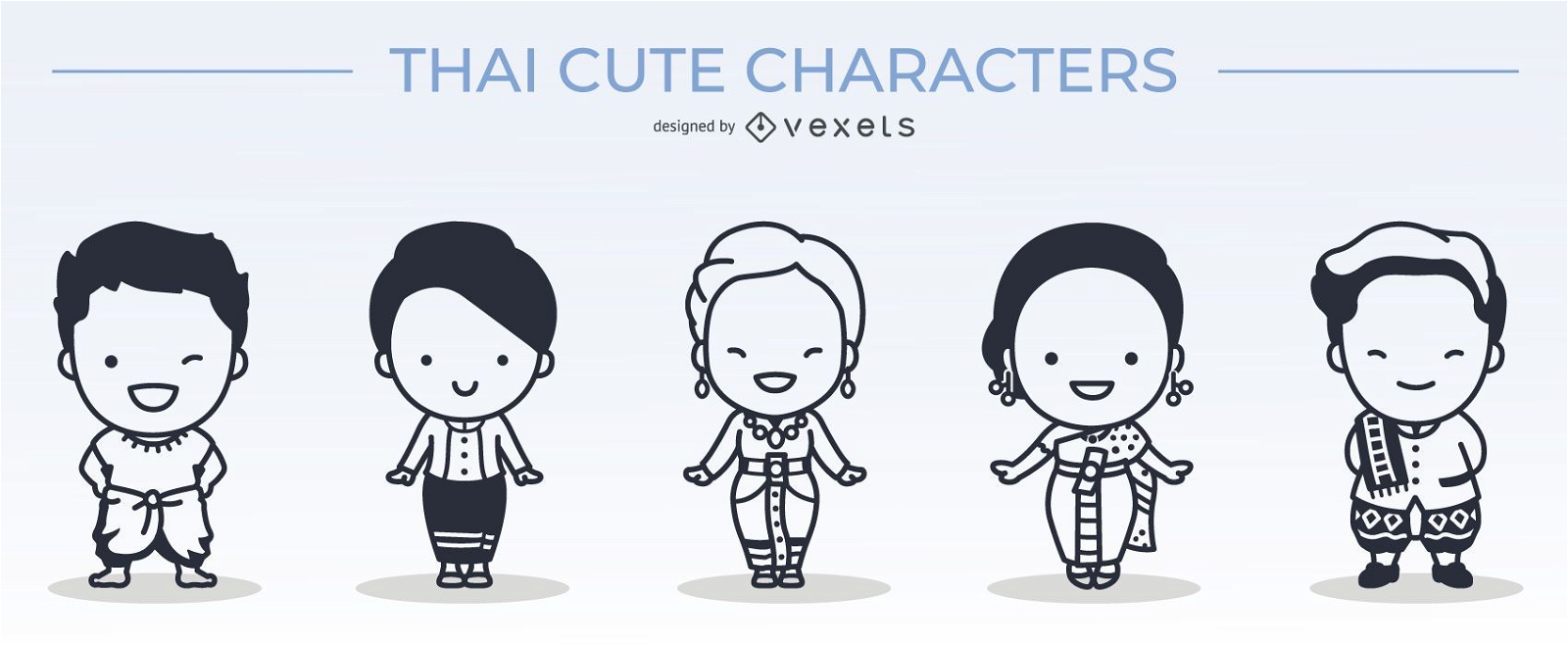 cute thai characters stroke set