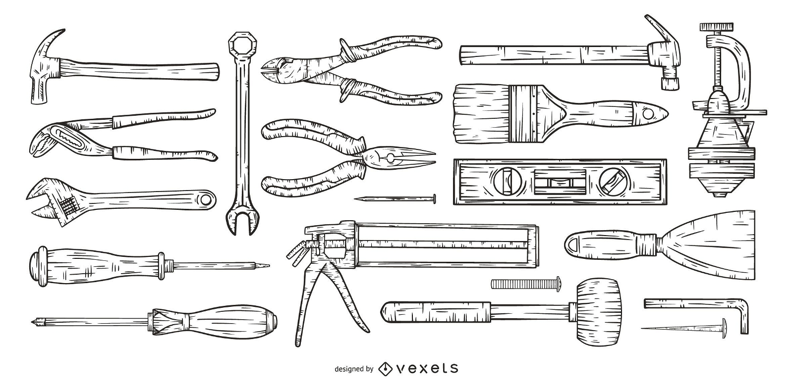 conjunto de ferramentas desenhadas à mão