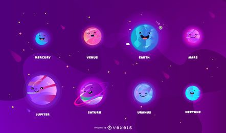 Cute Glowing Planet Cartoon Illustration Set Cute Glowing Planet Cartoon Illustration Set