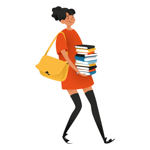 Happy woman carrying books character PNG Design