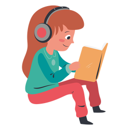 Chica leyendo personaje de auriculares Diseño PNG