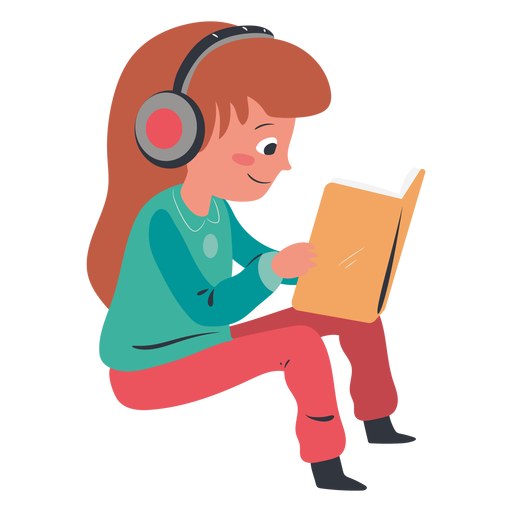 Chica leyendo personaje de auriculares Diseño PNG