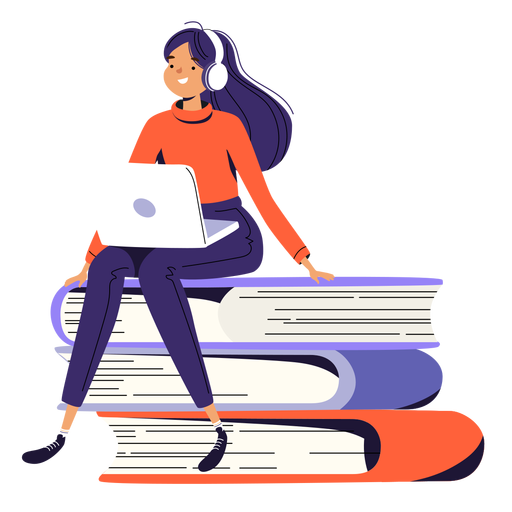 Girl sitting pile of books character PNG Design