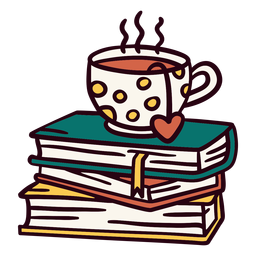 Pilha de livros com ilustração de chá