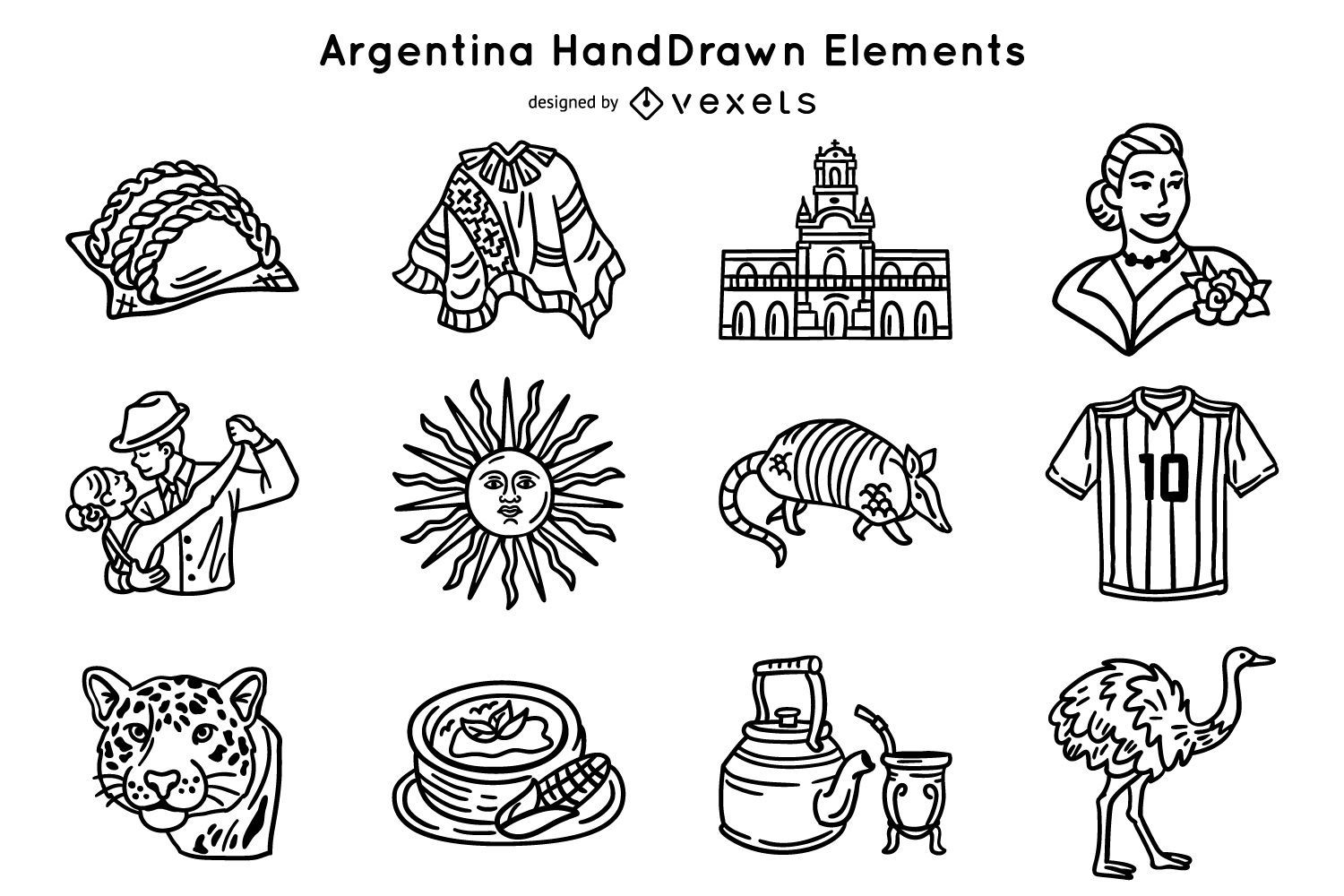 Pacote de elementos do traço argentina desenhado à mão