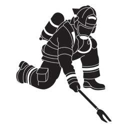 Flache Silhouette des Feuerwehrmanns mit zwei gezackten Werkzeugen PNG-Design
