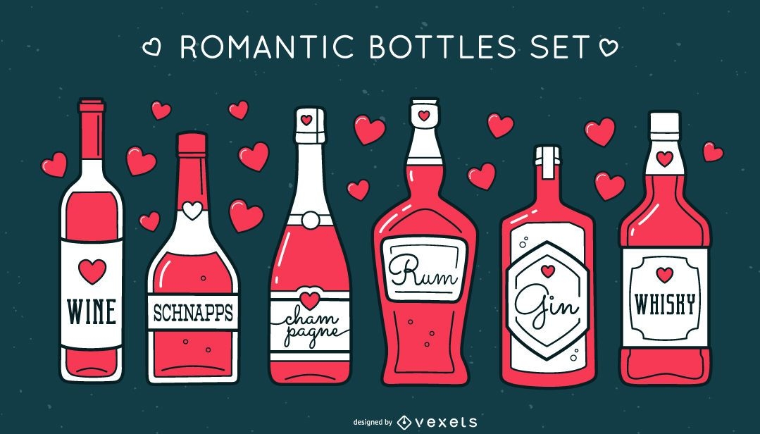 Conjunto de garrafas de álcool romântico
