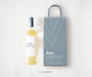 Maqueta de bolsa y botella de vino blanco