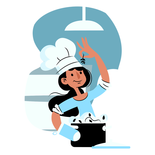 Lady cooking with herbs blue PNG Design