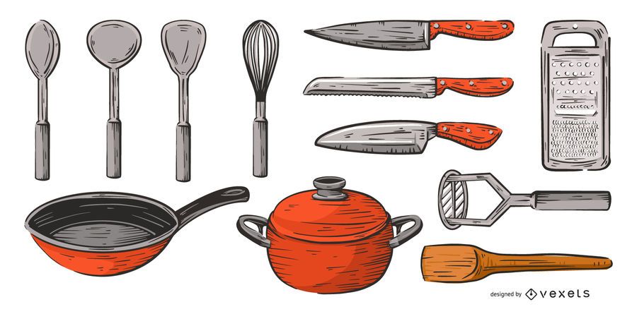 conjunto de cores de mão desenhada de ferramentas de cozinha conjunto de cores de mão desenhada de ferramentas de cozinha