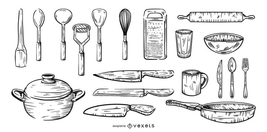 utensílios de cozinha mão desenhado conjunto utensílios de cozinha mão desenhado conjunto