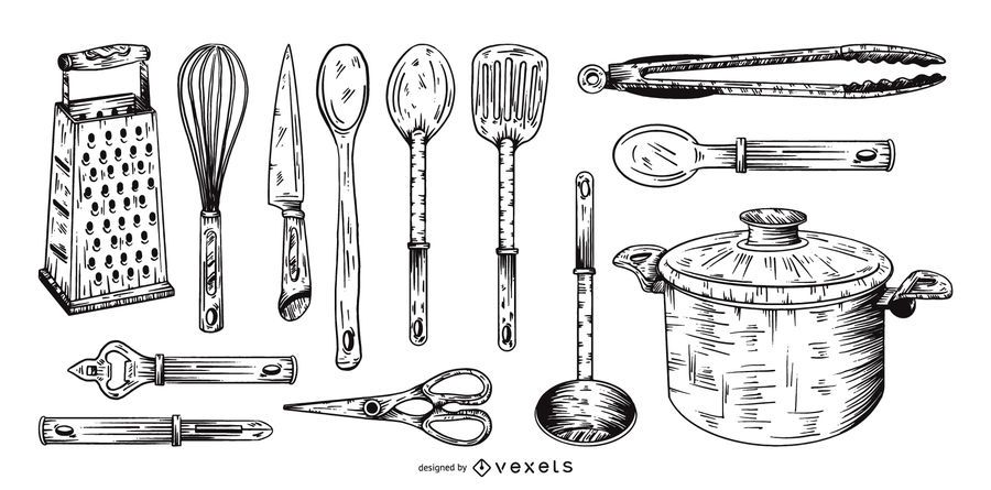 conjunto de coleta de mão desenhada de ferramentas de cozinha conjunto de coleta de mão desenhada de ferramentas de cozinha