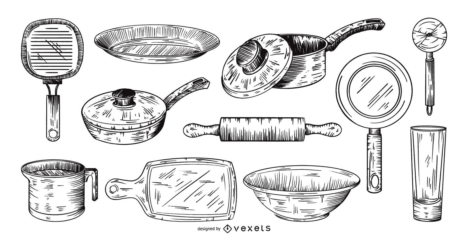 hand drawn kitchen tools collection set