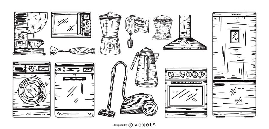 aparelhos de cozinha mão desenhado conjunto aparelhos de cozinha mão desenhado conjunto
