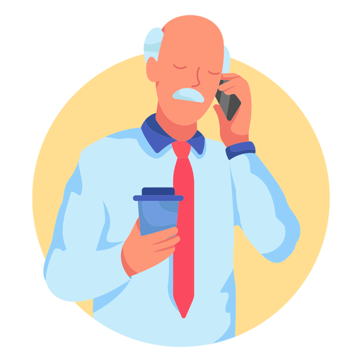 Old man cellphone coffee character PNG Design