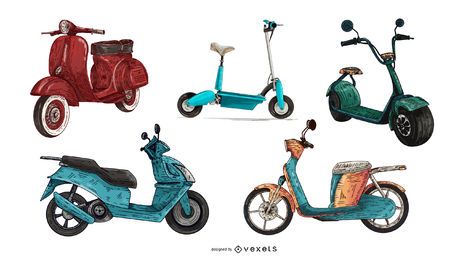 conjunto de scooter de color dibujado a mano conjunto de scooter de color dibujado a mano