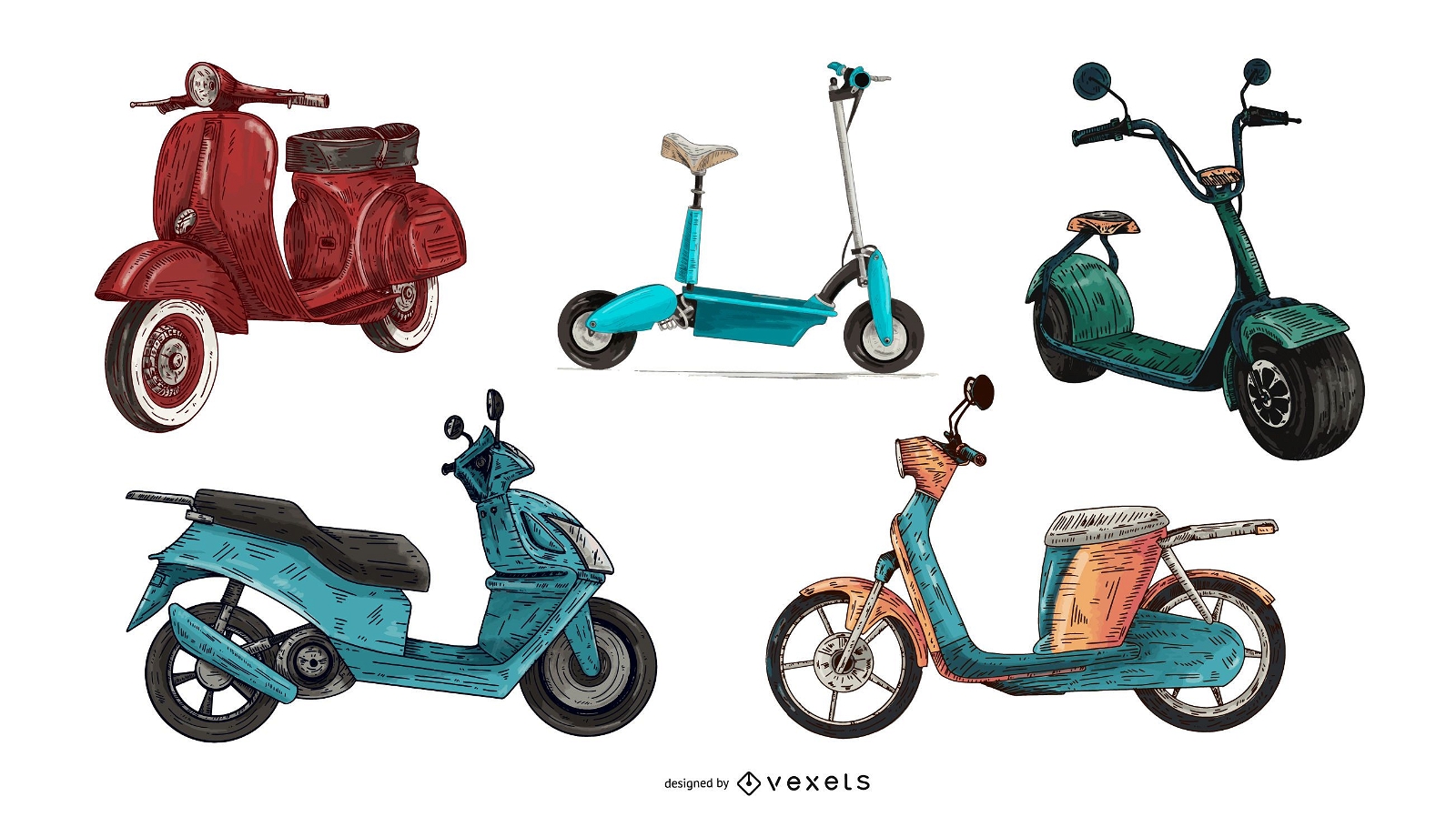 conjunto de scooter de color dibujado a mano