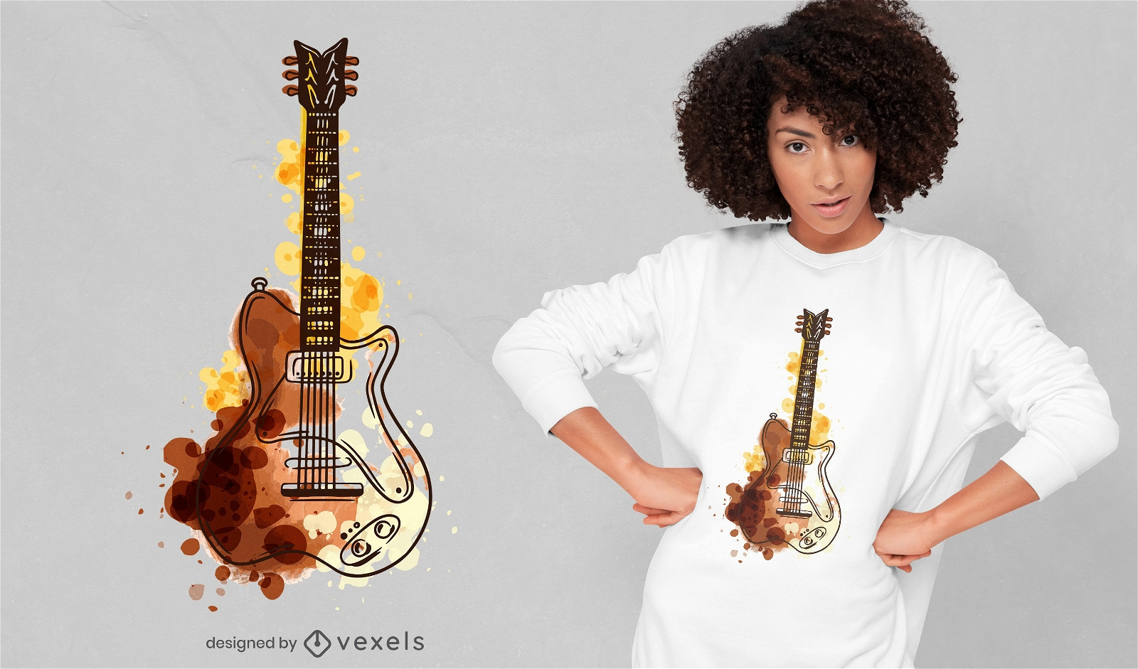 Design de camiseta de guitarra em aquarela
