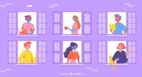 stay home people windows illustration