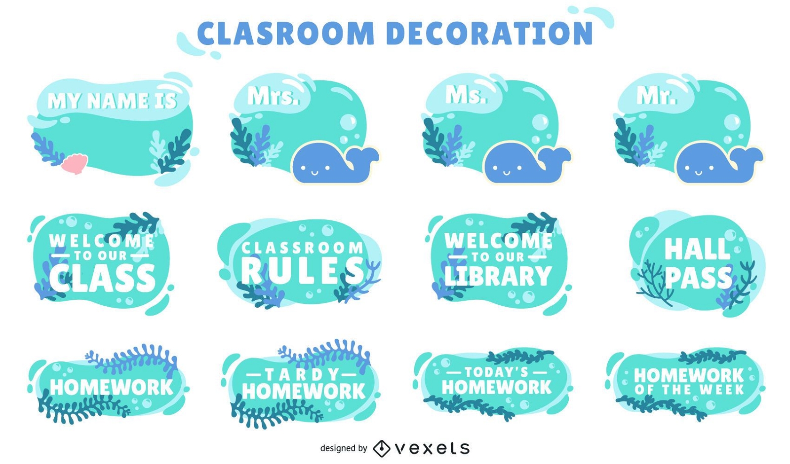conjunto de etiquetas decorativas de aula oceánica