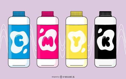 Conjunto de ilustración de botellas de tinta CMYK Conjunto de ilustración de botellas de tinta CMYK