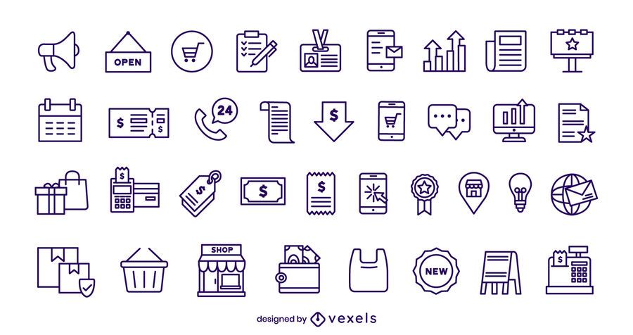 Conjunto de iconos de trazo de negocios y comercio Conjunto de iconos de trazo de negocios y comercio