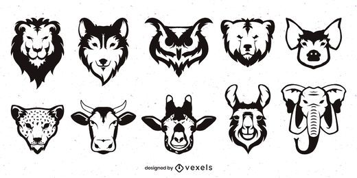 Conjunto de caras de animales monocromáticas planas