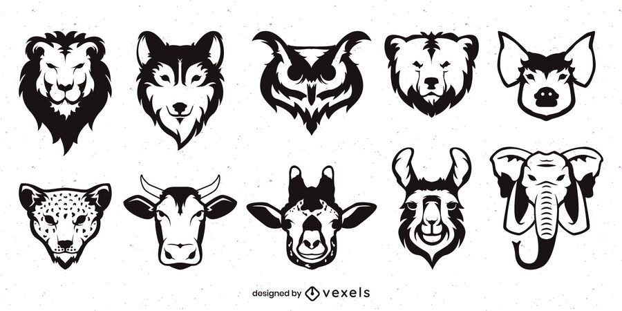Flat Monochrome Animal Face Set Flat Monochrome Animal Face Set