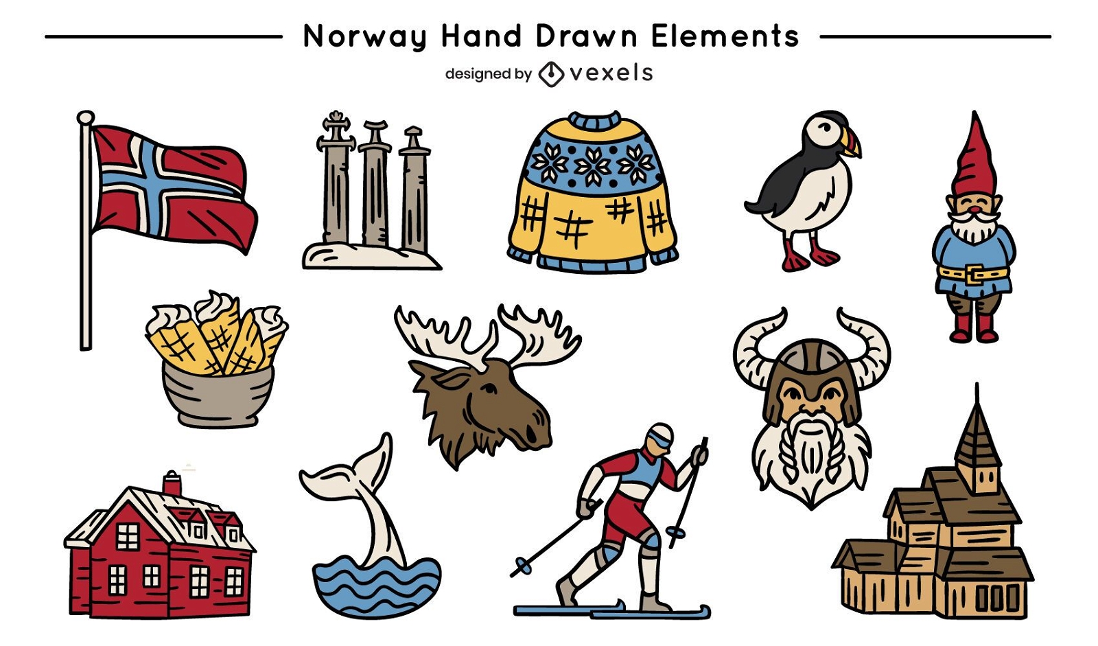 Conjunto de elementos coloridos da Noruega desenhados ? m?o