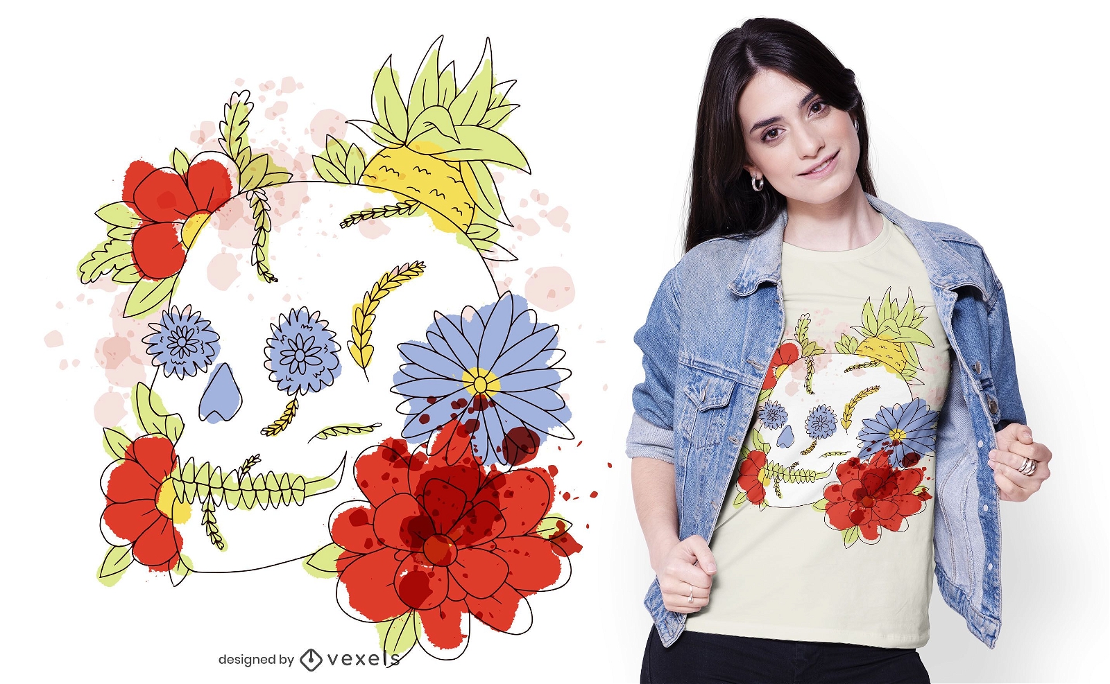 Design de camiseta em aquarela floral com cr?nio