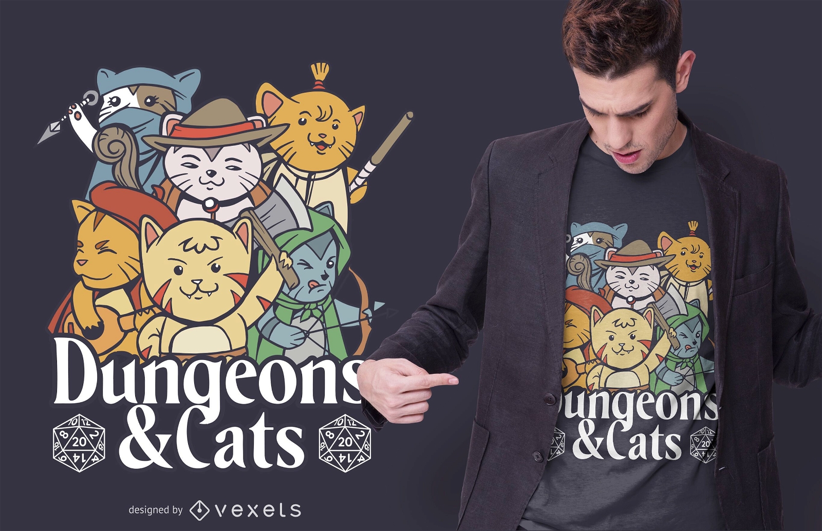 Design de camiseta de masmorras e gatos