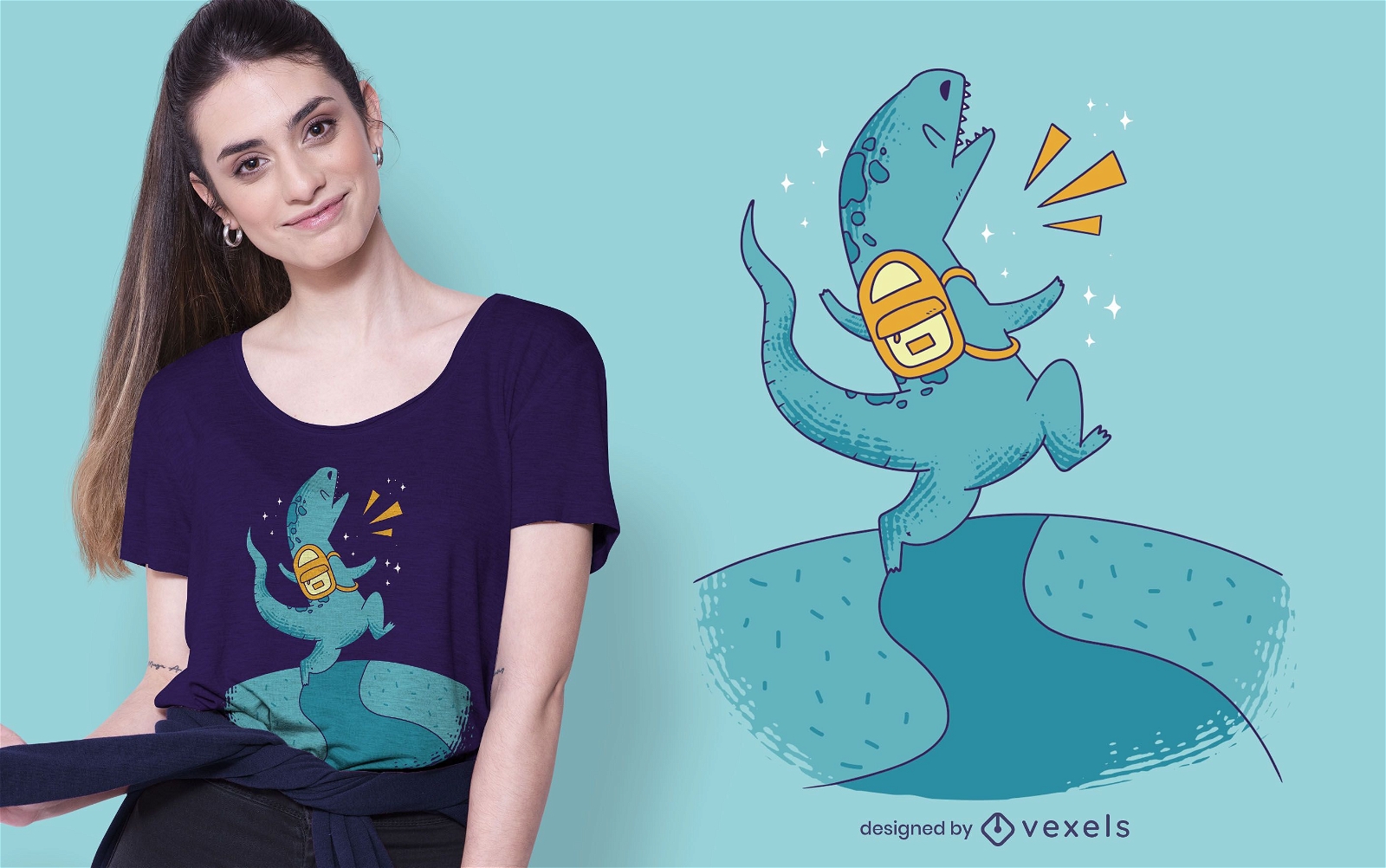 design de t-shirt com mochila de dinossauro