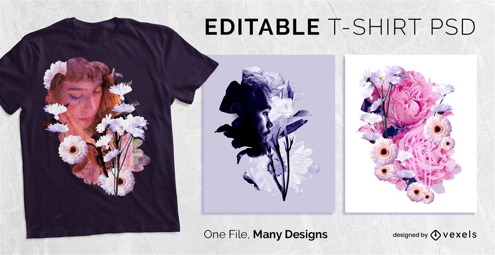 Diseño de camiseta con efecto floral PSD