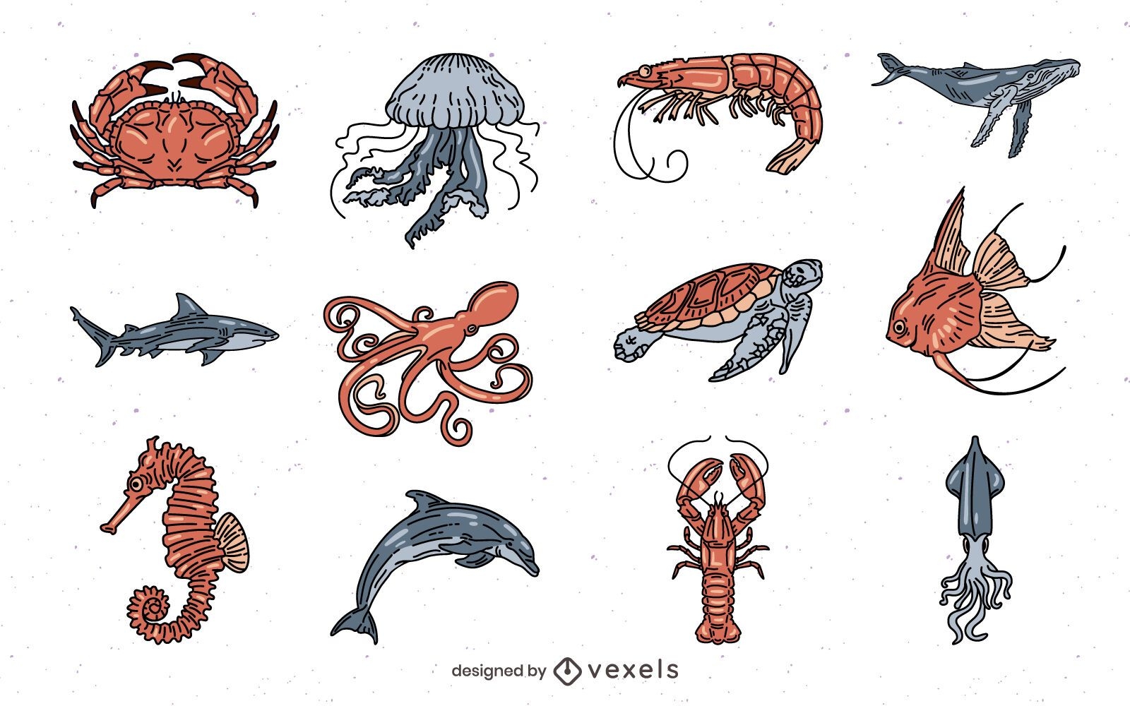 Pacote de ilustrações coloridas de animais marinhos