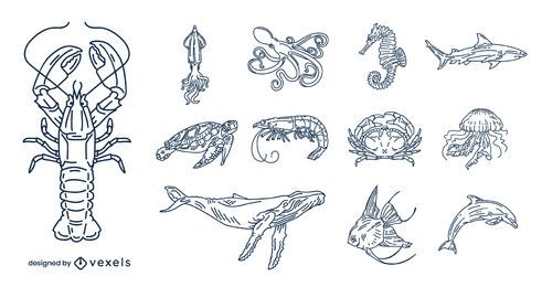 Paquete de ilustración de trazo de animales del océano
