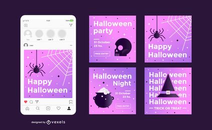 Conjunto de publicaciones de redes sociales de fiesta de halloween