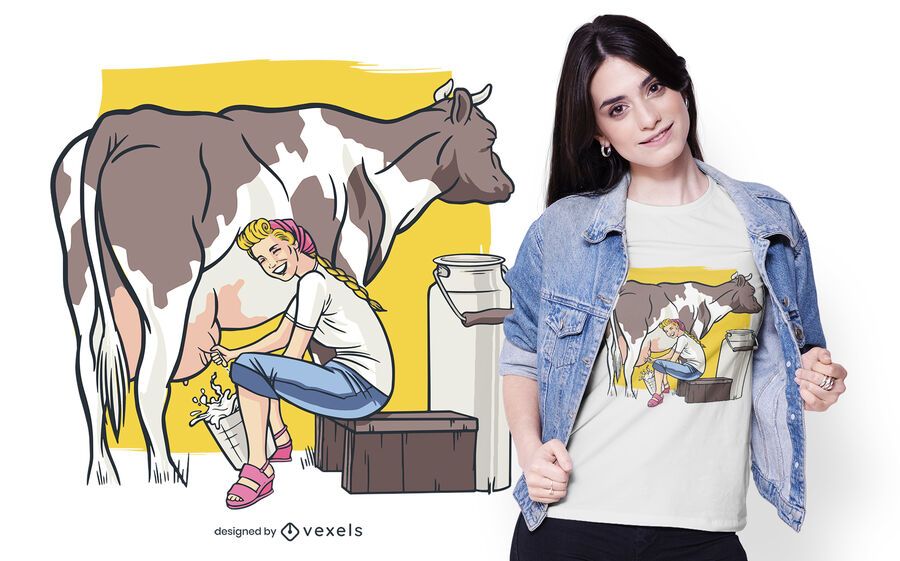 Diseño de camiseta mujer ordeñando vaca Diseño de camiseta mujer ordeñando vaca