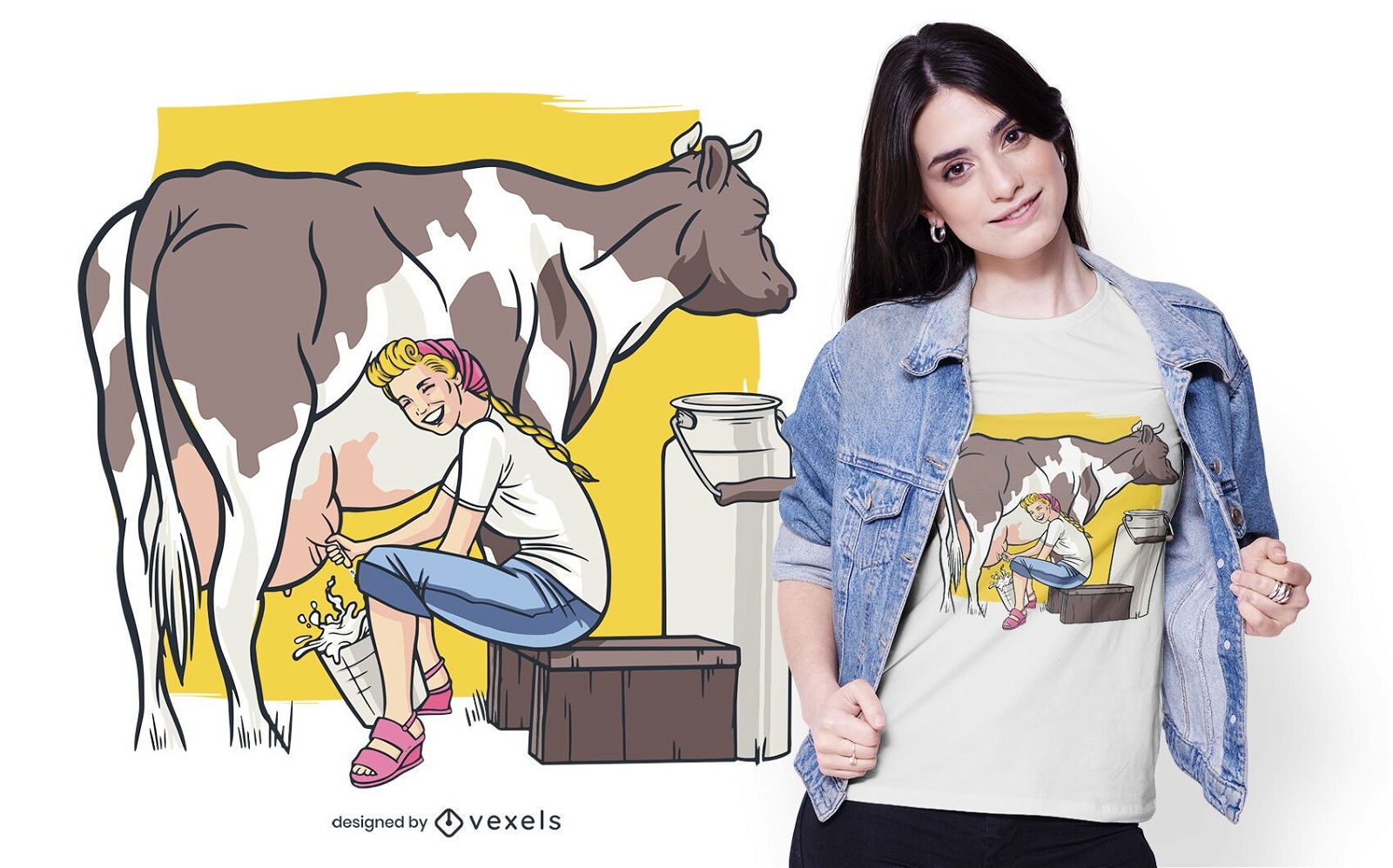 Design de camiseta de mulher ordenhando vaca
