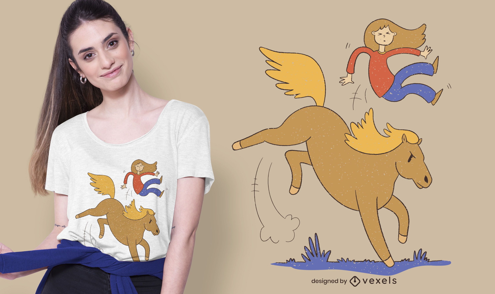 Garota caindo do desenho de uma camiseta de cavalo