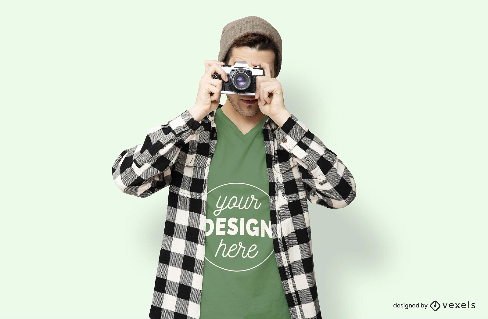 Male model camera t-shirt mockup