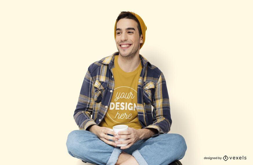 Download Man Holding Mug T-shirt Mockup - PSD Mockup Download