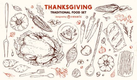 Acción de gracias comida tradicional conjunto dibujado a mano Acción de gracias comida tradicional conjunto dibujado a mano