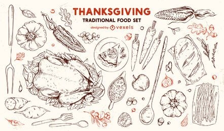 Conjunto de comida tradicional desenhada à mão para o Dia de Ação de Graças