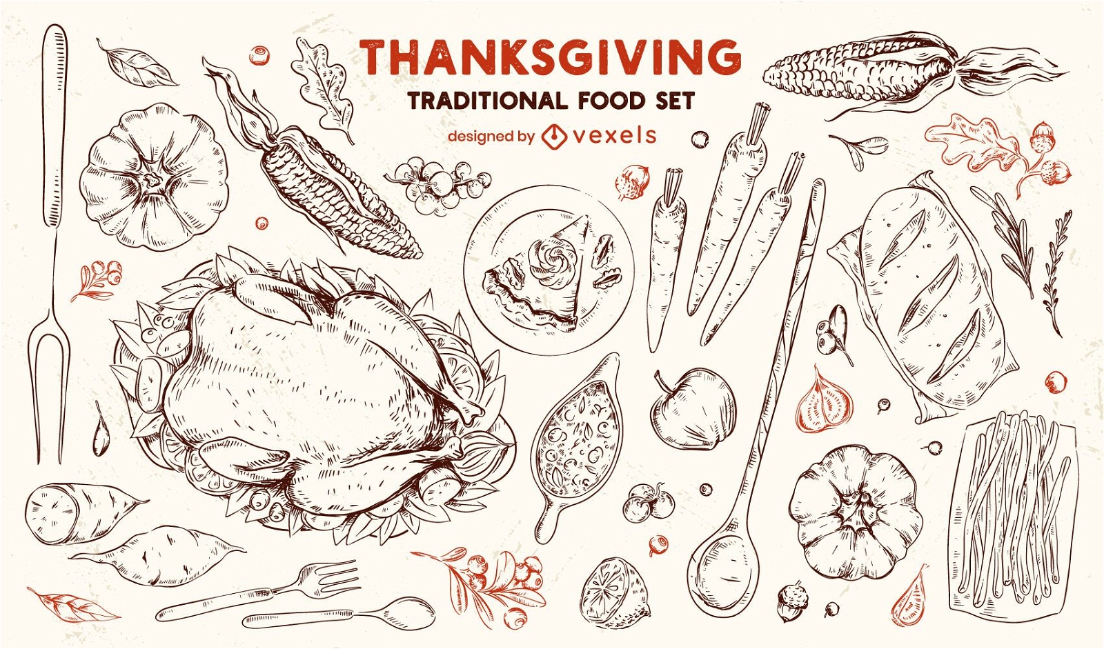 Thanksgiving traditional food hand drawn set