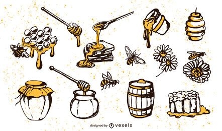 Conjunto de elementos de mel desenhado à mão